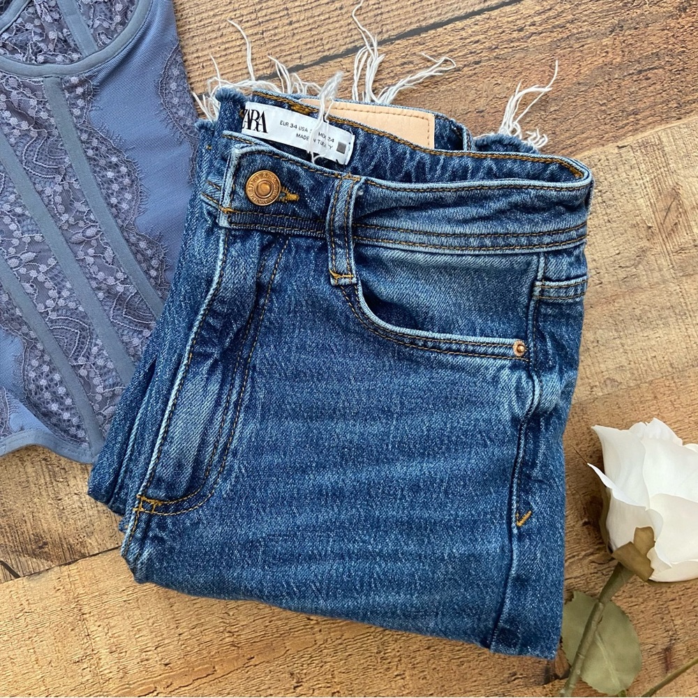 Zara High Rise Straight Leg Jeans, Raw Hemline